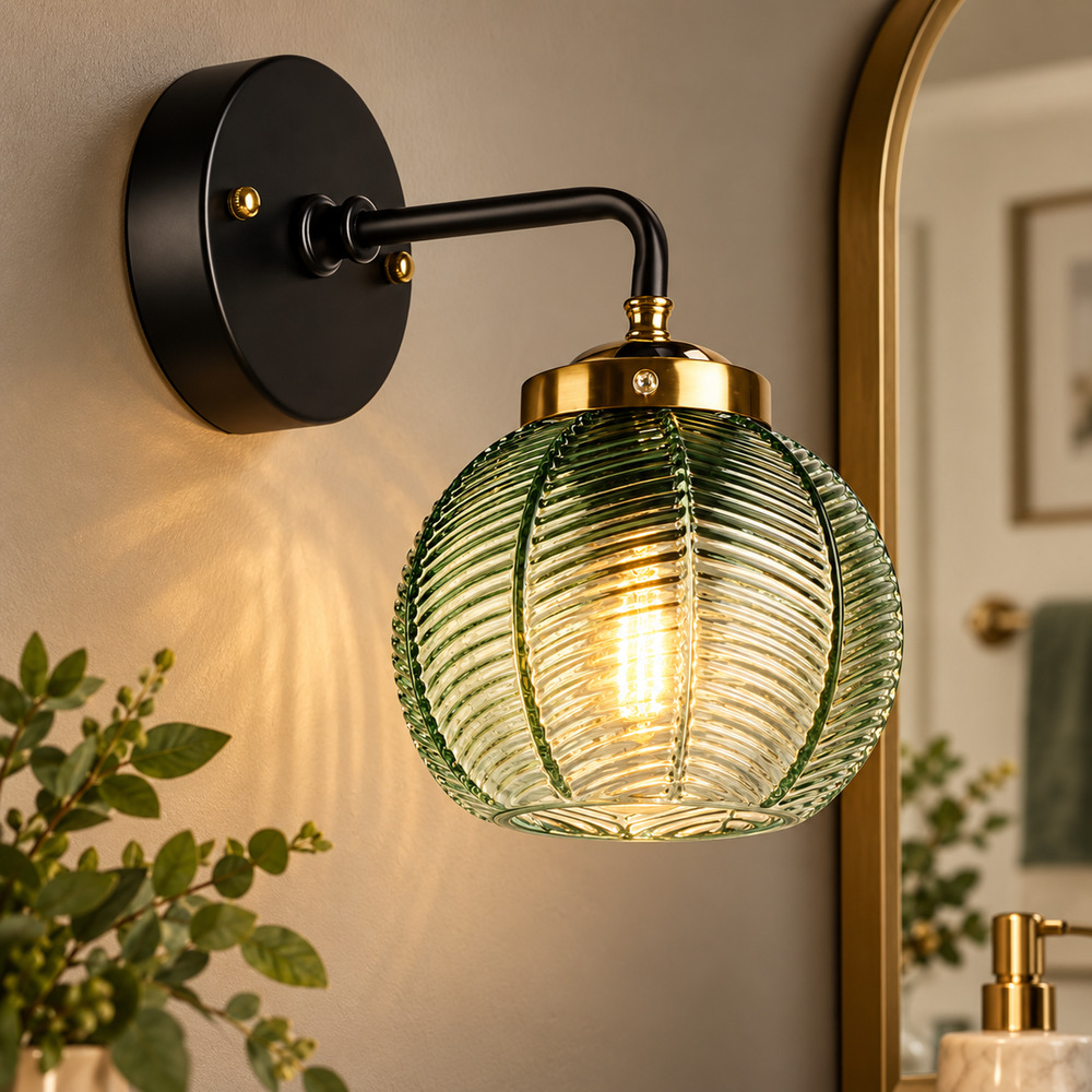 Black Art Deco Wall Sconce – Green Ribbed Glass Vanity Light
